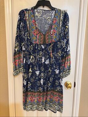 Navy Floral Long-Sleeve Boho Tunic Dress